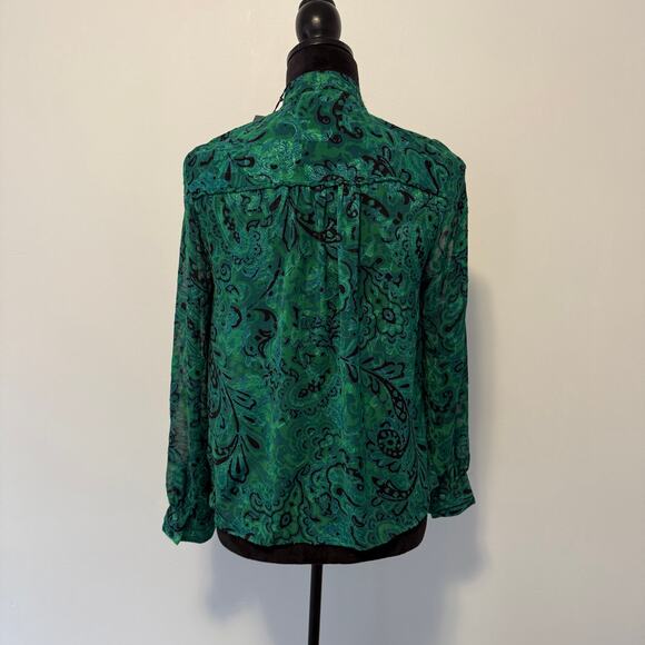 NWT Zara Green Paisley Ruffled Neck  Jacquared Long Sleeve Blouse Size XS - Picture 4 of 12